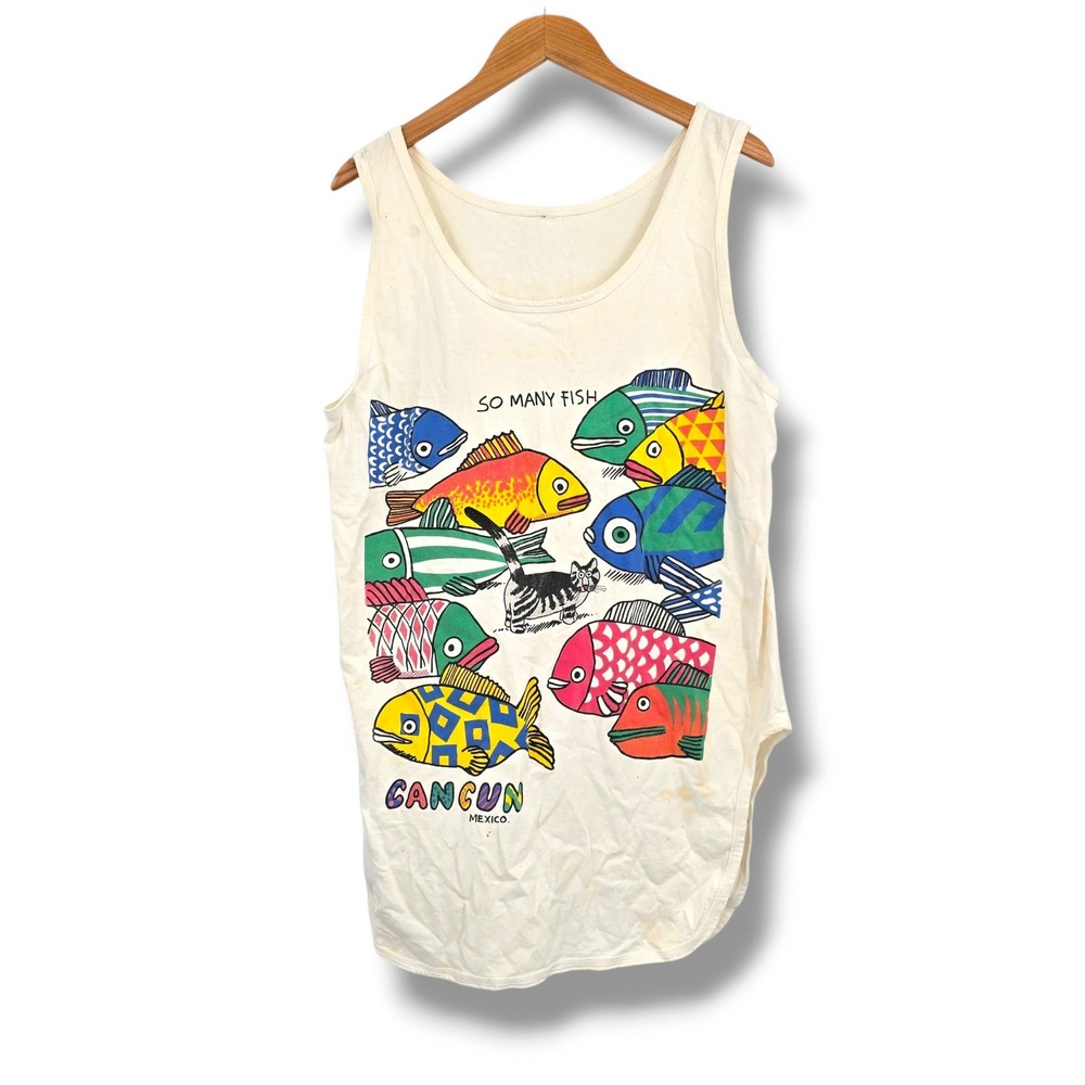 Vintage Cancun Mexico So Many Fish Graphic Tank Top Cream Men L XL